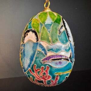 Beautiful Ornate Cloisonné Egg Featuring Dolphin and Aquatic Life, 3.5”, Lg.